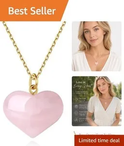 Authentic Lovely Rose Quartz Heart Pendant Necklace for Women - 18K Gold Plated Chain