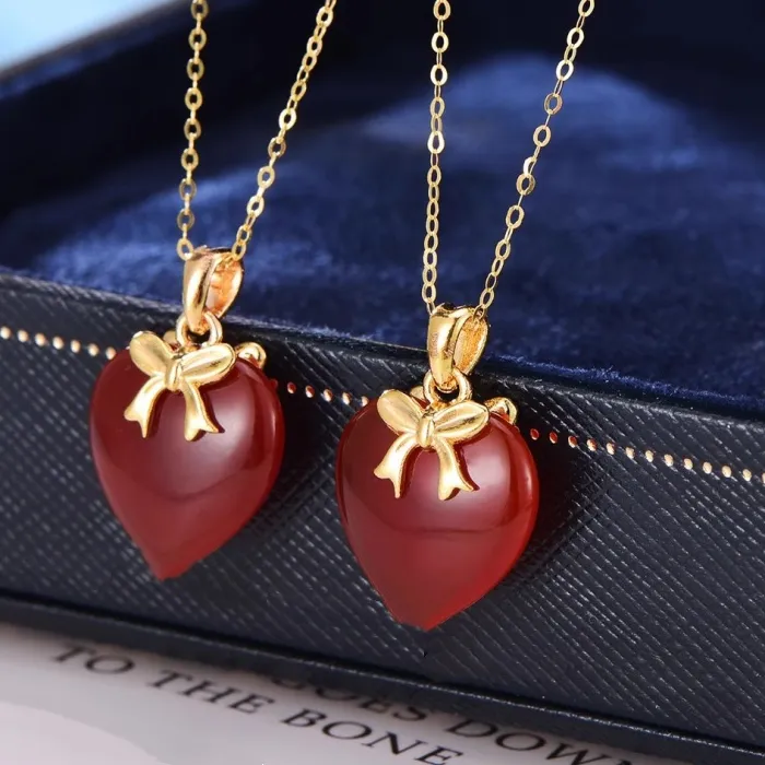 Authentic LABB Real 18K gold bow heart-shaped pendant Au750 gold inlaid with red agate pendant, women's boutique jewelry D0257