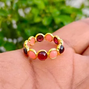 Authentic Peruvian Pink Opal Garnet Jewelry Sterling Silver Gold Plated Eternity Band Ring