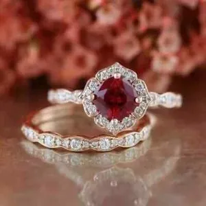 Authentic Crimson Vow Cushion Cut Garnet Bridal Ring Set in Rose Gold