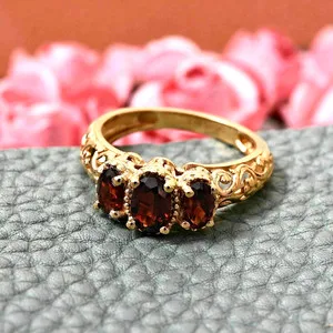 Authentic Antique Style 3Ct Red Garnet Three-Stone Anniversary Ring 14k Yellow Gold Plated