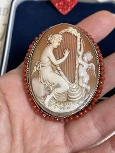 Authentic The Whispering Goddess: Victorian Aphrodite and Cupid Gold-Plated Cameo Brooch