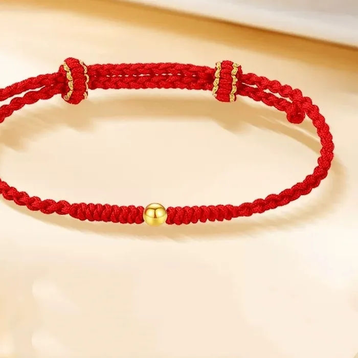 Authentic LABB Real 18K Gold Couple Bracelet Au750 Men's and Women's Small Gold Beads Woven Red and Black Hand Rope Boutique Jewelry