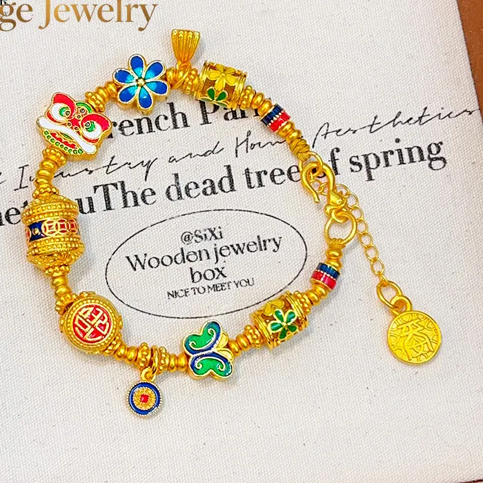 Authentic Lynge Jewelry 9999 24K real gold burnt blue enamel safe lion dance bracelet small flower road with blessing word bracelet new Ch