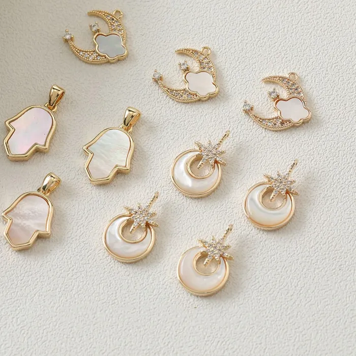Authentic 2PCS 18K Gold Plated Pendant Inlaid Zircon Shell Charms Necklace Earrings DIY Making Supplies Material Accessories