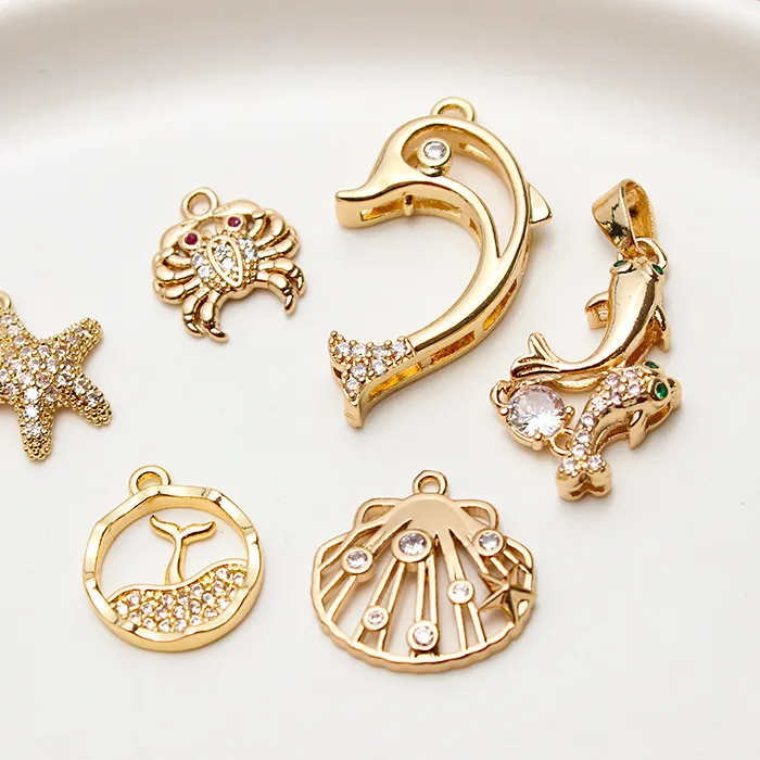 Authentic 1pcs Diy Jewelry Accessories Gold Plated Zircon Starfish Shell Dolphin Pendant Earrings Necklace Materials Handmade Charm