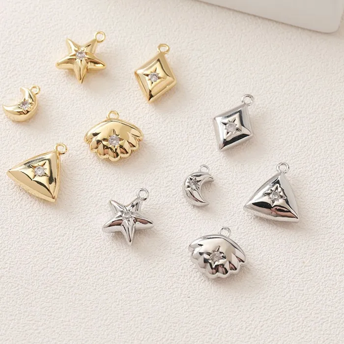 Authentic 4PCS 14K Gold Plated Star Pendant Charms Moon Shell Rhombus DIY Necklace Earrings Findings Making Supplies Material Accessories