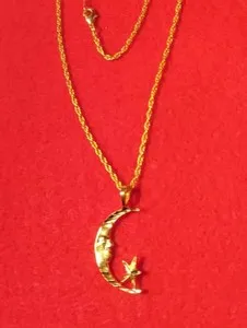 Authentic 14KT GOLD PLATED MOON AND STAR CHARM PENDANT WITH 24" ROPE CHAIN -2667