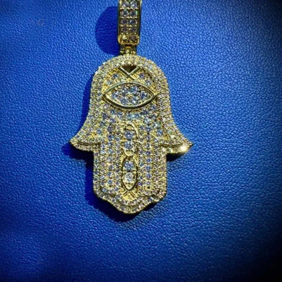 Authentic 2.00 Ct Moissanite Fatima Hamsa Hand Lucky Charms Pendant 14K Yellow Gold Plated