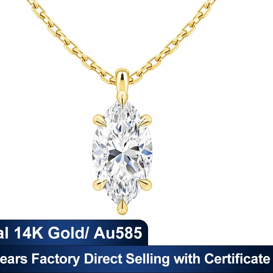 Authentic Real 14K Gold Solitaire Necklaces Marquise Moissanite Diamond Pendant K Gold Jewelry