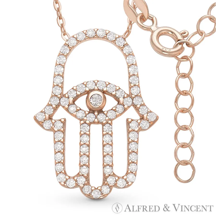 Authentic Hamsa Hand of Fatima Judaica Evil Eye Pendant .925 Sterling Silver & CZ Necklace