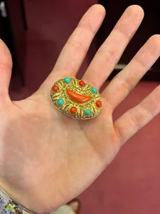 Authentic Mid-Century Sacred Horizon Oval Brooch in Gold-Plated Sterling with Coral and Turquoise