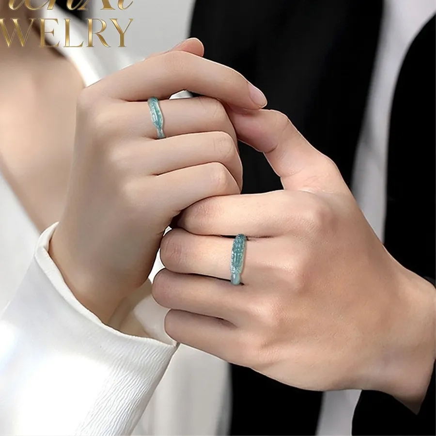 Authentic Celestial Dragon and Phoenix Blue Water Jade Ring