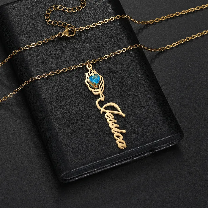 Authentic Personalized Peacock Feather Name Necklace Custom Colorful Zircon Nameplate Pendant Collar Jewelrygift
