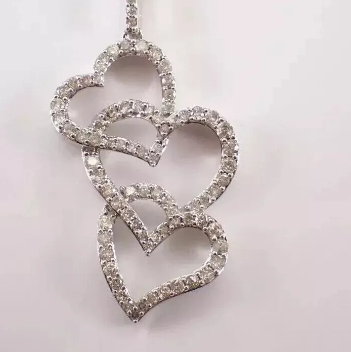 Authentic 2Ct Round Cut Simulated Diamond Triple Heart Charm Pendant 14k White Gold Plated