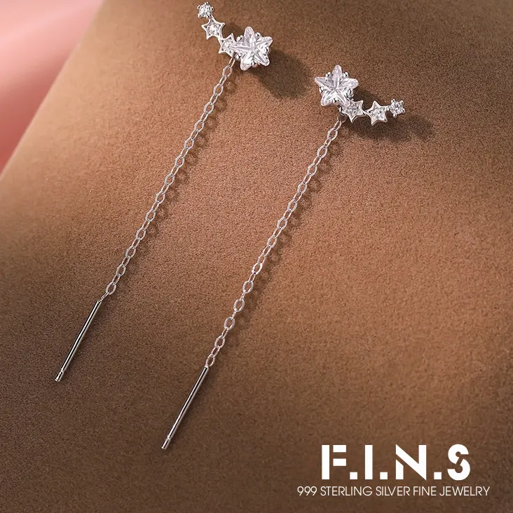 Authentic F.i.n.s Pure 925 Sterling Silver Shooting Star Earrings Long Chain Zircon Star Ear Studs Fine Jewelry