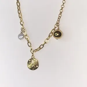 Authentic New-Mayamar-24k Heavy Gold Plated Genuine Pearl, Sand dollar Charm Necklace