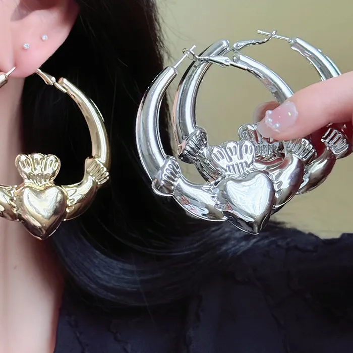 Authentic Vintage Chunky Claddagh Earrings for Women Ireland Strong Heart Hoop Earings Valentine Day Cute Statement Jewelry