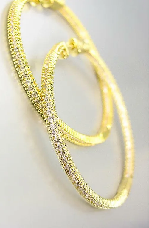 Authentic EXQUISITE 18kt Gold Plated Inside Outside Crystals 1 3/4" Infinity Hoop Earrings