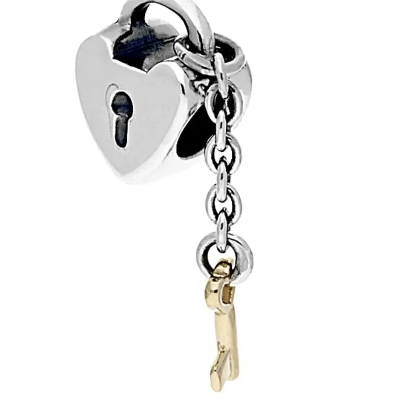 Authentic Pandora Sterling Silver With 14k Gold Plated Key BRACELET CHARM LOCK & KEY