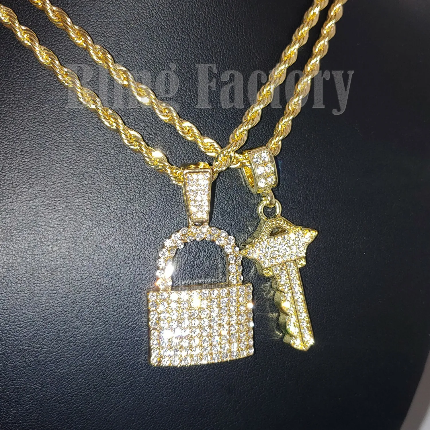 Authentic Hip Hop Iced Gold plated Lock & Key Pendant & 24" Rope Chain Bling Necklace