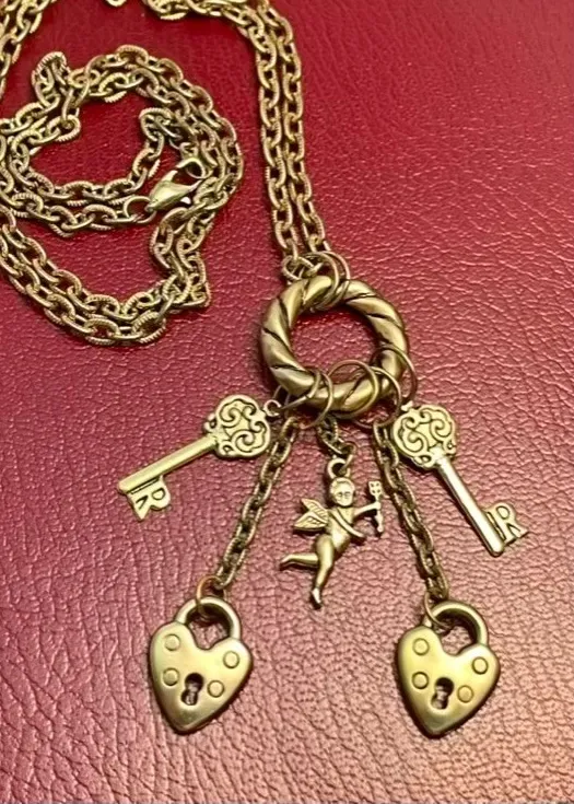 Authentic 14KGP Gold-Plated Chain Necklace Tassel Pendant Angel Key Lock Charms 30" Long