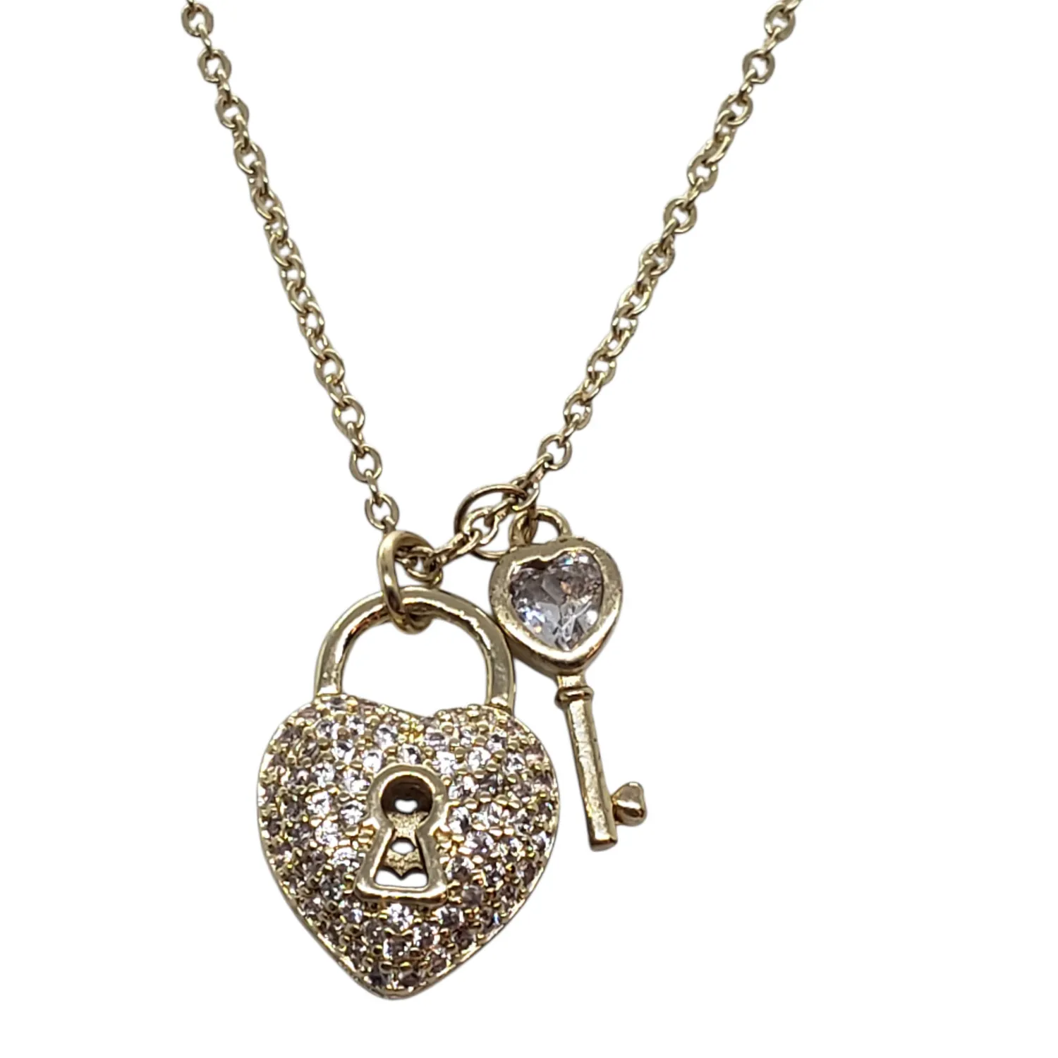 Authentic 14k Gold Plated Heart Lock & Key Pendant Necklace Rhinestones Love Charm Gift