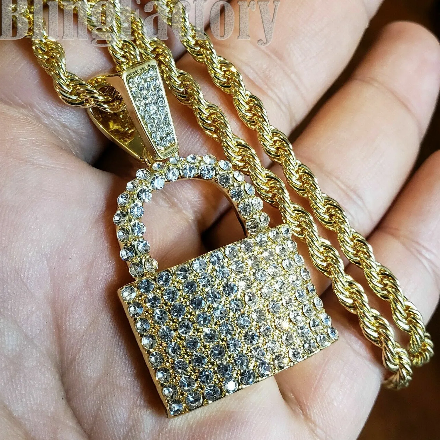 Authentic Hip Hop Iced Gold plated Lock & Key Pendant & 24" Rope Chain Bling Necklace Set