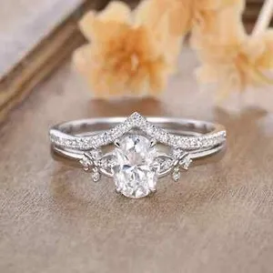 Authentic The Celestial Union: Oval and Round Moissanite Bridal Ring Set in Luminous 14K White Gold Finish