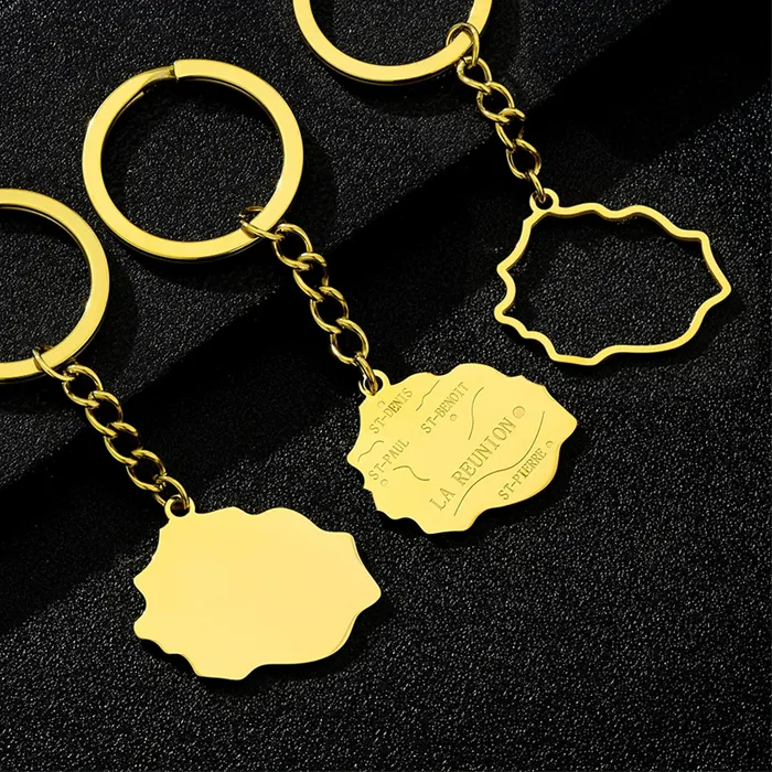 Reunion Island Map Flag Keychain Pendant Key Chain Gold Color La Reunion Amulet Accessory