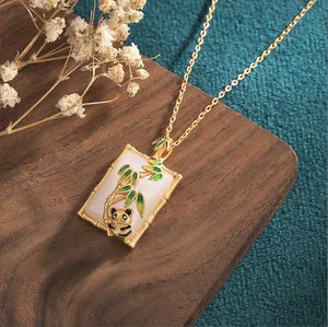 Authentic Jade Crystal Pendant Necklace Panda Bamboo Charm 18K Gold Plated Dainty Gemstone