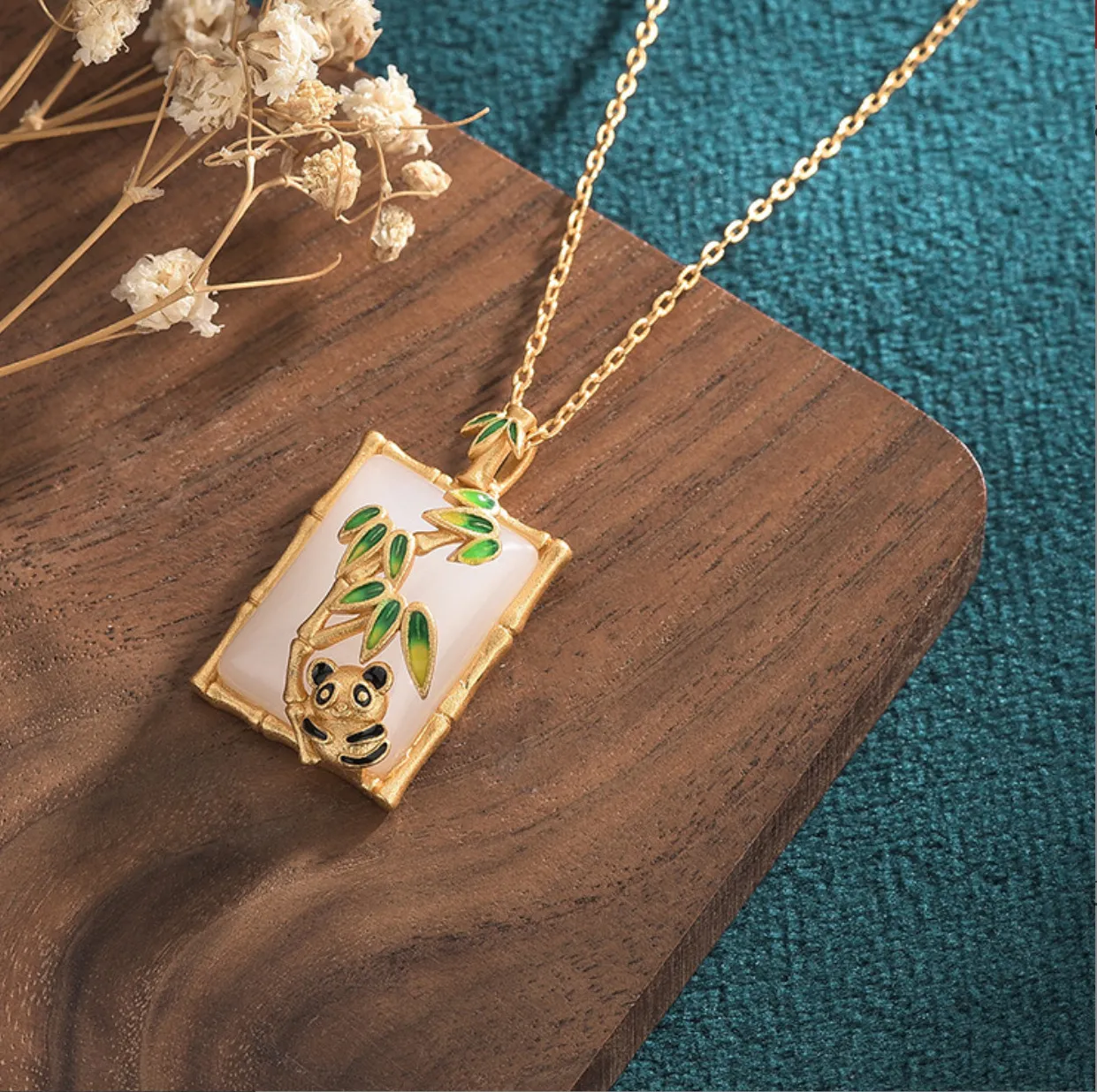 Authentic Jade Crystal Pendant Necklace Panda Charm 18K Gold Plated Bamboo Dainty Gemstone