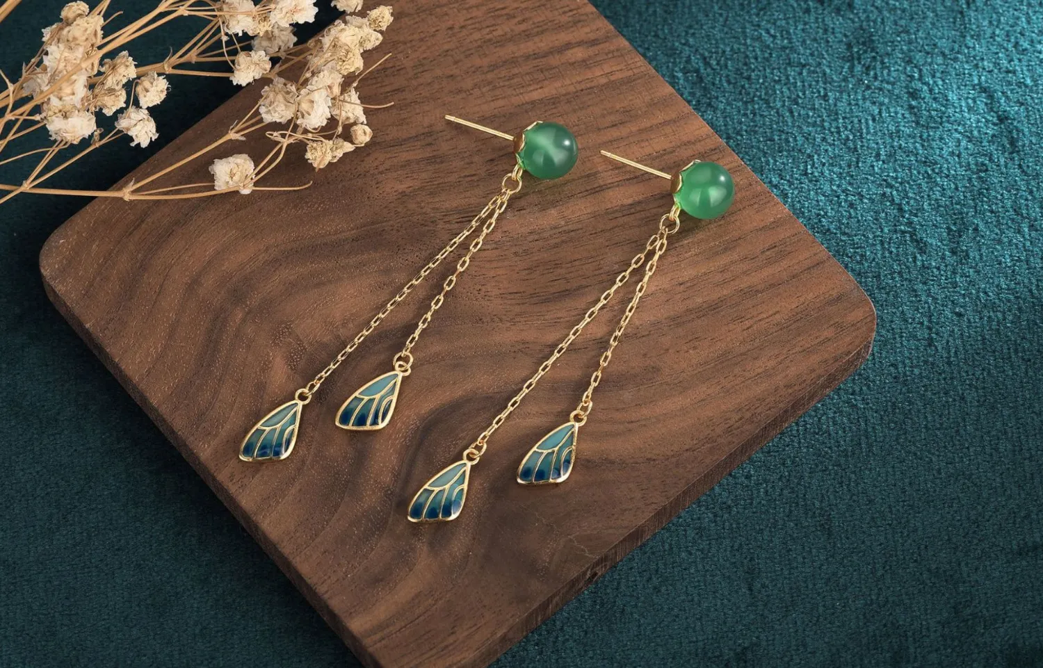 Authentic Celestial Wings of Jade: Ethereal Feather Tassel Earrings