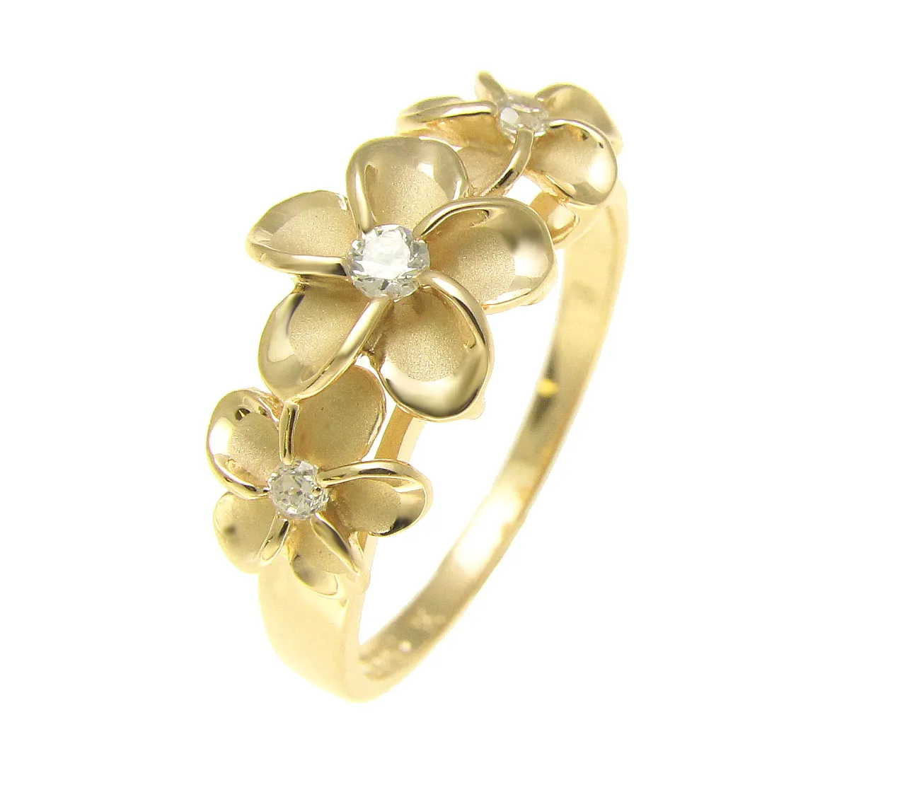 Authentic YELLOW GOLD PLATED STERLING SILVER 925 HAWAIIAN 3 FANCY PLUMERIA FLOWER RING CZ