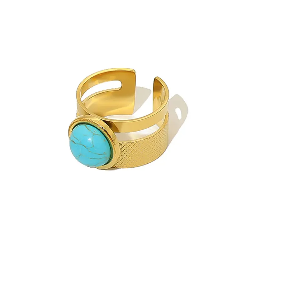 Authentic  Gold Plated Turquoise Wide Rings Stainless Steel Jewelry