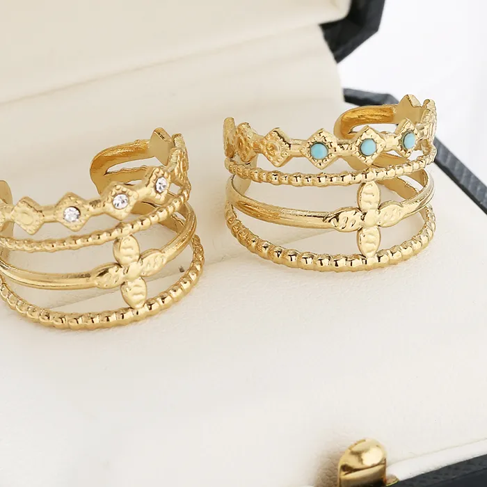 Authentic Boho Vintage Adjustable Ring Stainless Steel Rings for Women Designer Turquoise Hollow Wide Ring Trends 2022 Gold Plated Jewelry