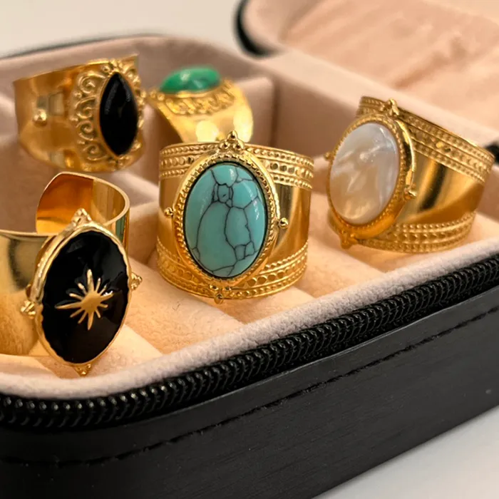 Authentic Bohemia Turquoise Natural Stone Wide Open Rings for Women 14K Gold Plated Ring Finger Rings Women Jewelry Gifts