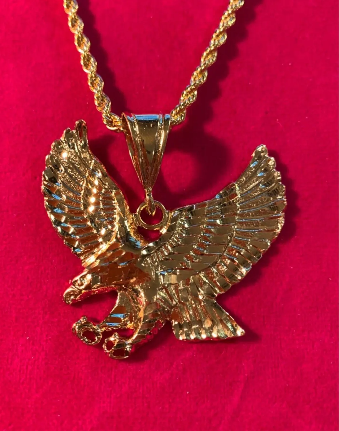 Authentic 14KT GOLD PLATED LARGE  2" BY 2" EAGLE  CHARM WITH 16"-30"4MM ROPE CHAIN- 7006