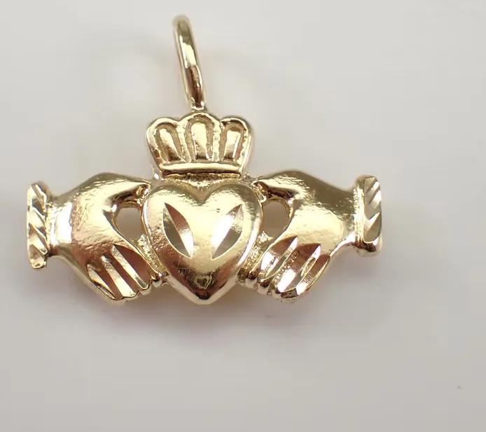 Authentic Vintage Estate Claddagh Hands Holding Heart Charm Pendant 14k Yellow Gold Plated