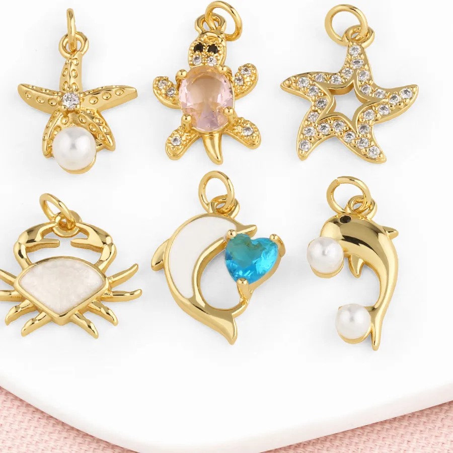 Authentic OCESRIO Oval Pink Crystal Lucky Turtle Charms for Bracelet Copper Gold Plated Seastar Dolphin Crab Keychain Purse Charm chma439