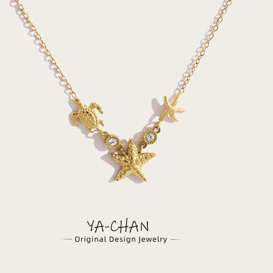 Authentic YACHAN Waterproof 18K Gold Plated Stainless Steel Ocean Beach Pendant Necklace for Women Turtle Starfish Charm Jewelry
