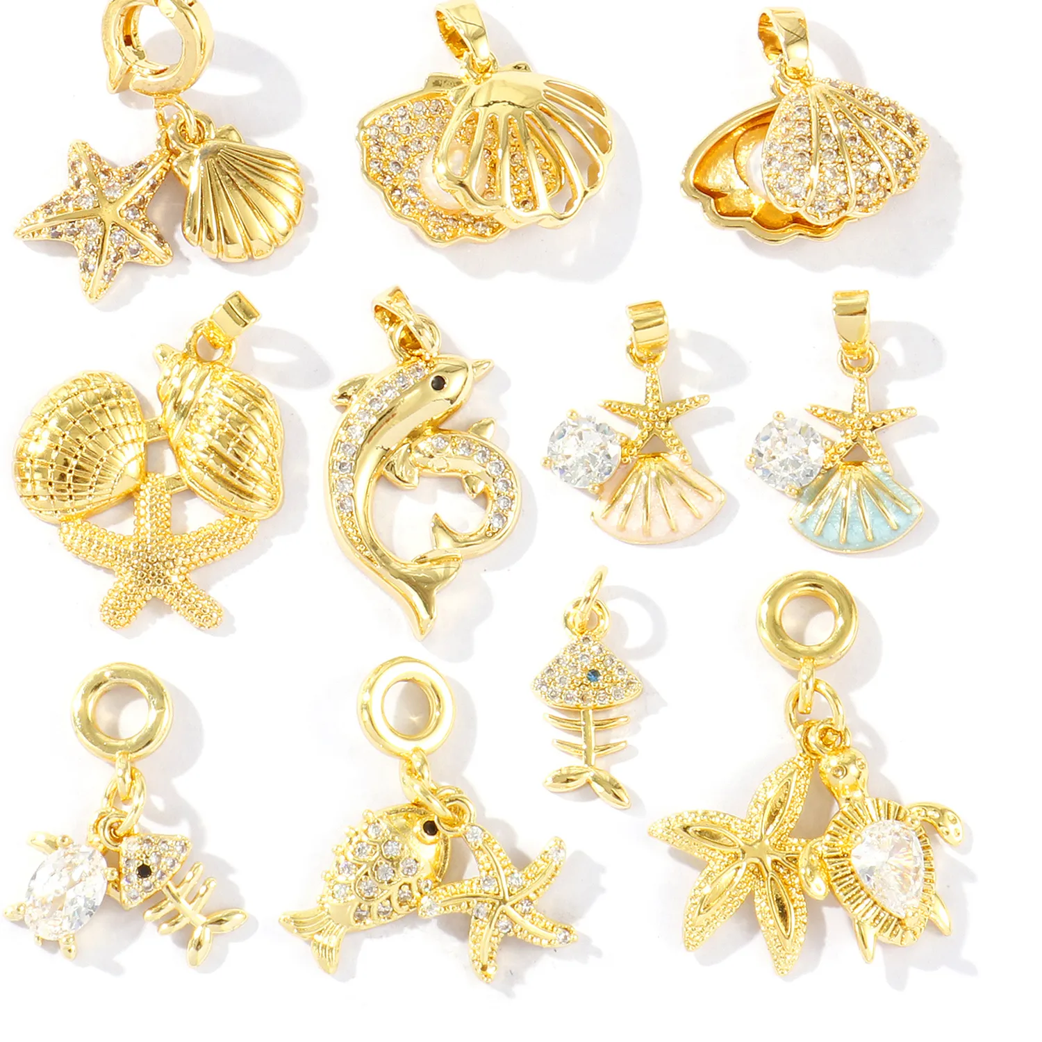 Authentic 2 Pcs Ocean Jewelry Charms Enamel Clear Cubic Zirconia Starfish Shell Dolphin Turtle Brass 18K Gold Plated Pendants DIY Necklace