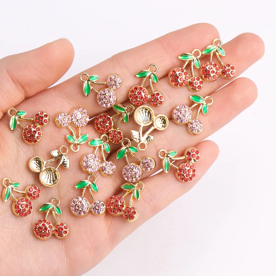Authentic 10Pcs Zircon Red Cherry Charms KC Gold Color Fruit Pendant Necklace Earrings DIY Jewelry Making High Quality Charms Supplies