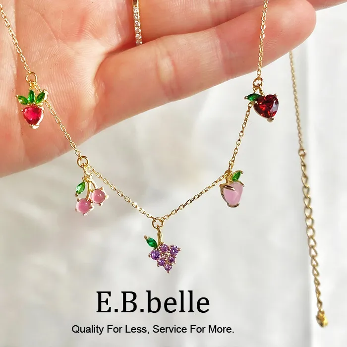 Authentic E.B.belle Summer Hot Cute Korean Jewelry 18k Gold Plated Cherry Grape Peach Multiple Fruits Charm Choker Necklaces Women