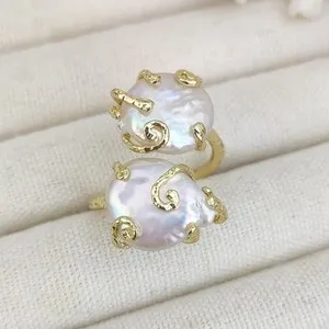 Authentic Radiant Lunar Tide Cultured White Keshi Pearl Coin Ring