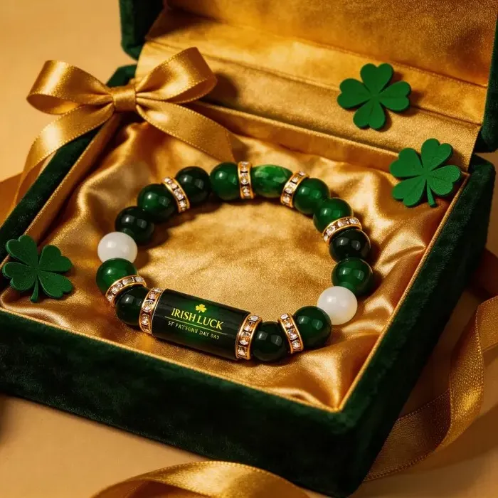 Authentic Irish Luck St. Patrick's Day Green Agate Lucky Clover Beaded Bracelert Natural Stone Bracelet Jewelry