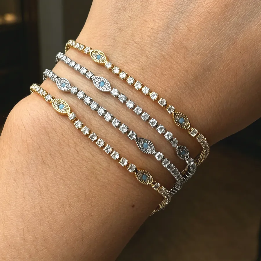 Authentic Micro Pave CZ Cute Turkish Eye Bracelets Micro Pave Cubic Zircon Adjustable Thin Tennis Chains Lucky Evil Eye Charm Bracelets