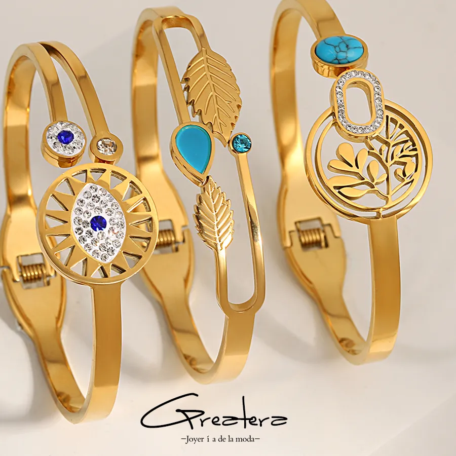 Authentic Greatera Stylish Blue Stone Charm Bracelets Bangles for Women Leaf Square Evil Eye Bracelet Gold Color Jewelry