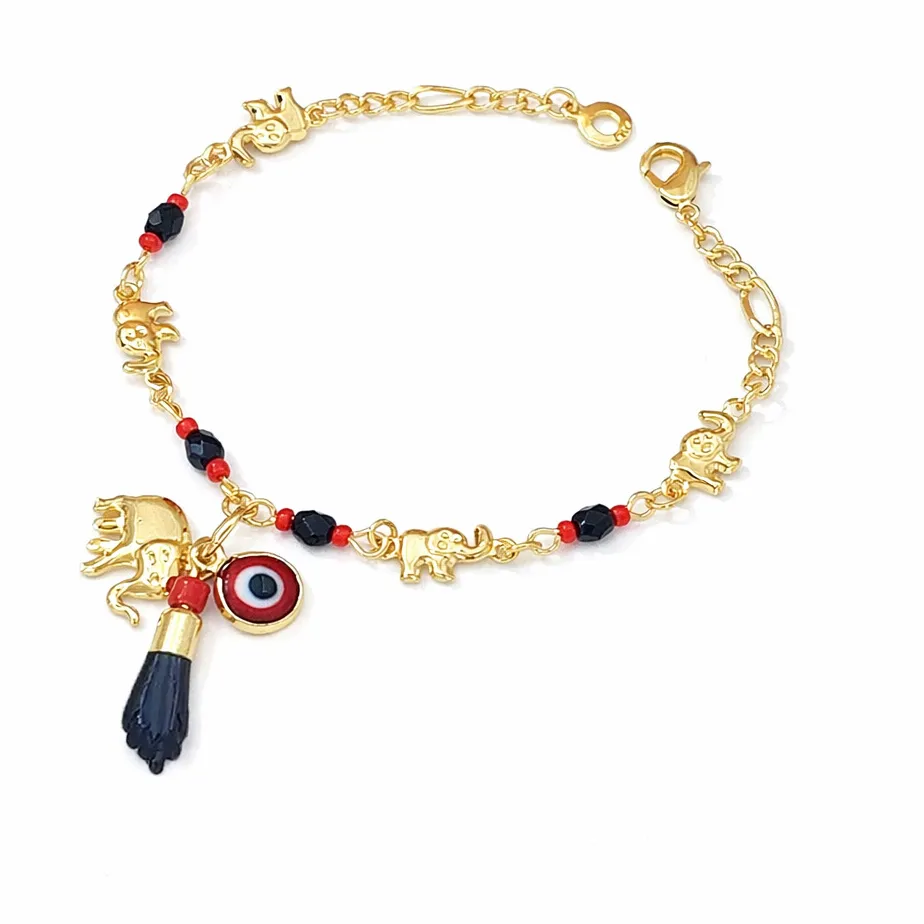 Authentic 14K Gold Plated Evil Eye Elephant Bracelets Lucky Turkish Bracelet for Women Men Red Evil Eye Finger Crossed Good Luck Charm Link Chain Bracelet Jewelry Boho Style Simple Design for Her