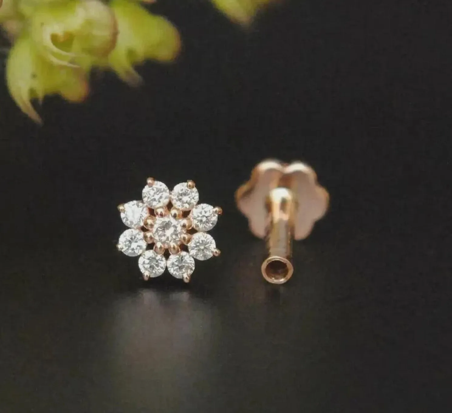 Authentic Radiant Blossom 14k Rose Gold Plated Lab Created Diamond Floral Nose Pin